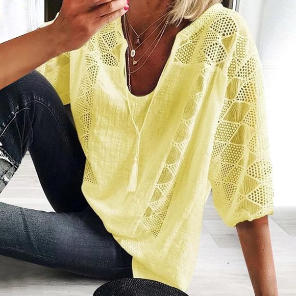 FASHIONWT Tops - Yellow Lightweight 3/4 Sleeve Shirt with Lace Details & Tassels  Size Medium